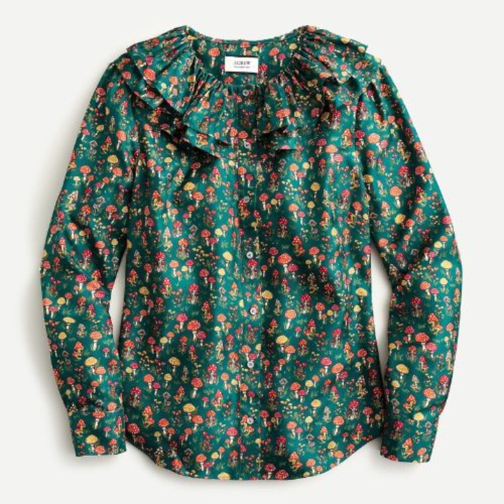NEW J.Crew Mushroom Floral Silk-Twill Ruffle-Collar Top Size Small 23585